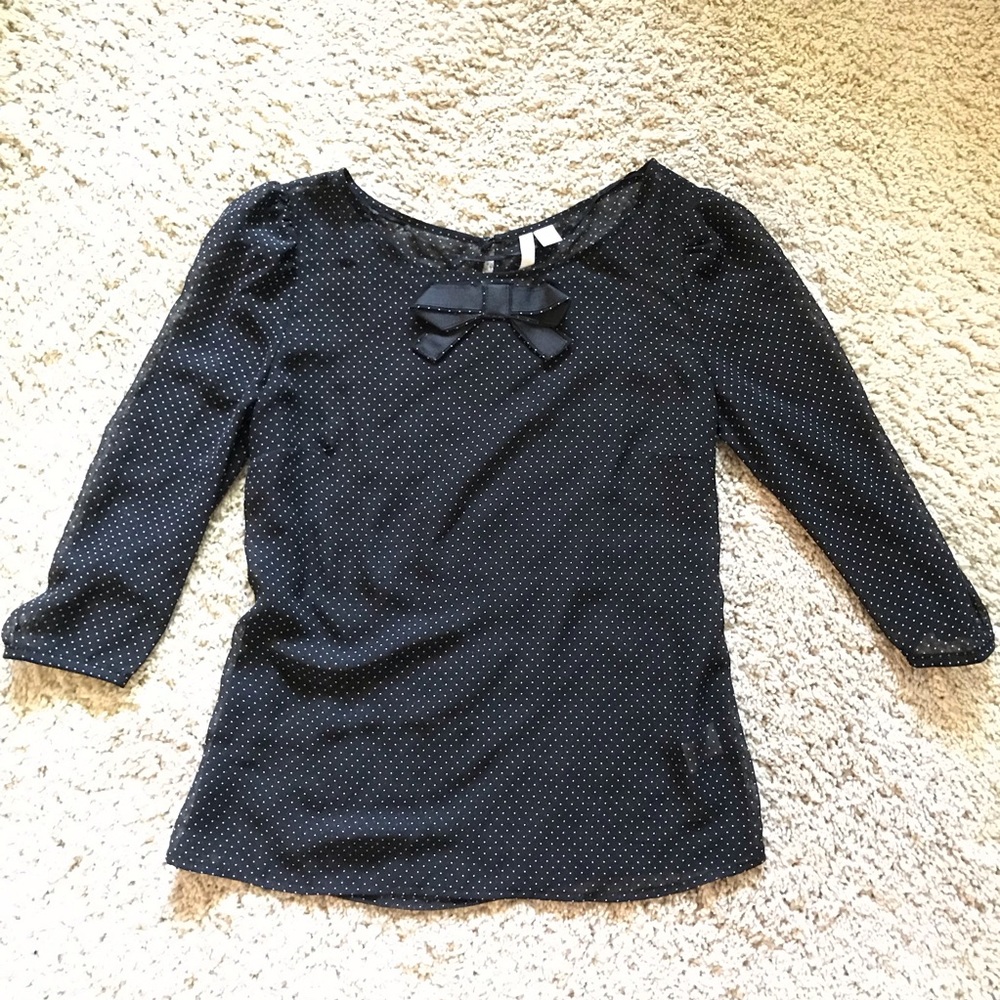 LC Lauren Conrad Top Blouse B&W Polka Dot Bow